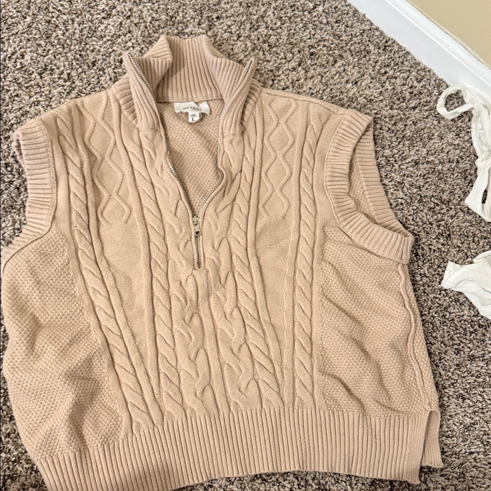 Cable Knit Half-Zip Sweater Vest in Beige